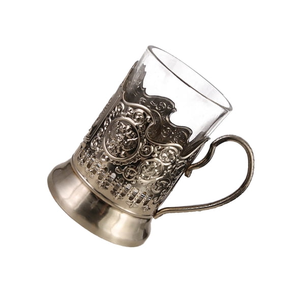 Combination of 2 Russian Cut Crystal Drinking Tea Glasses with Metal Glass Holders Podstakannik for Hot or Cold Liquids