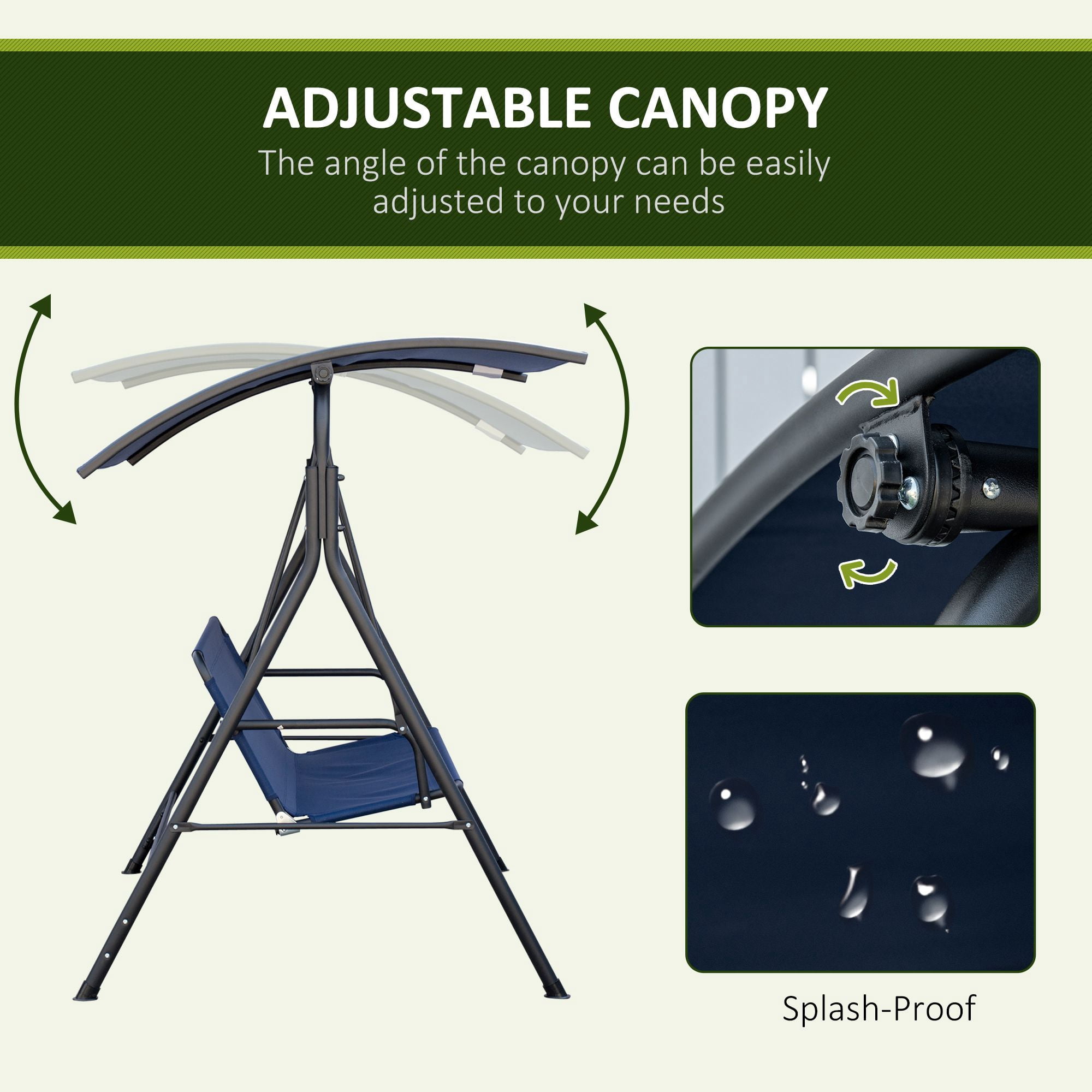 3 Person Outdoor Patio Swing Chair with Adjustable Tilt Canopy, Heavy Duty Steel A-Frame Porch Swing 440lbs Capacity Weather Resistant Bench for Backyard Poolside Balcony Dark Blue