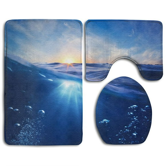EREHome Template Underwater Part Sunset Skylight Splitted By Waterline 3 Piece Bathroom Rugs Set Bath Rug Contour Mat and Toilet Lid Cover