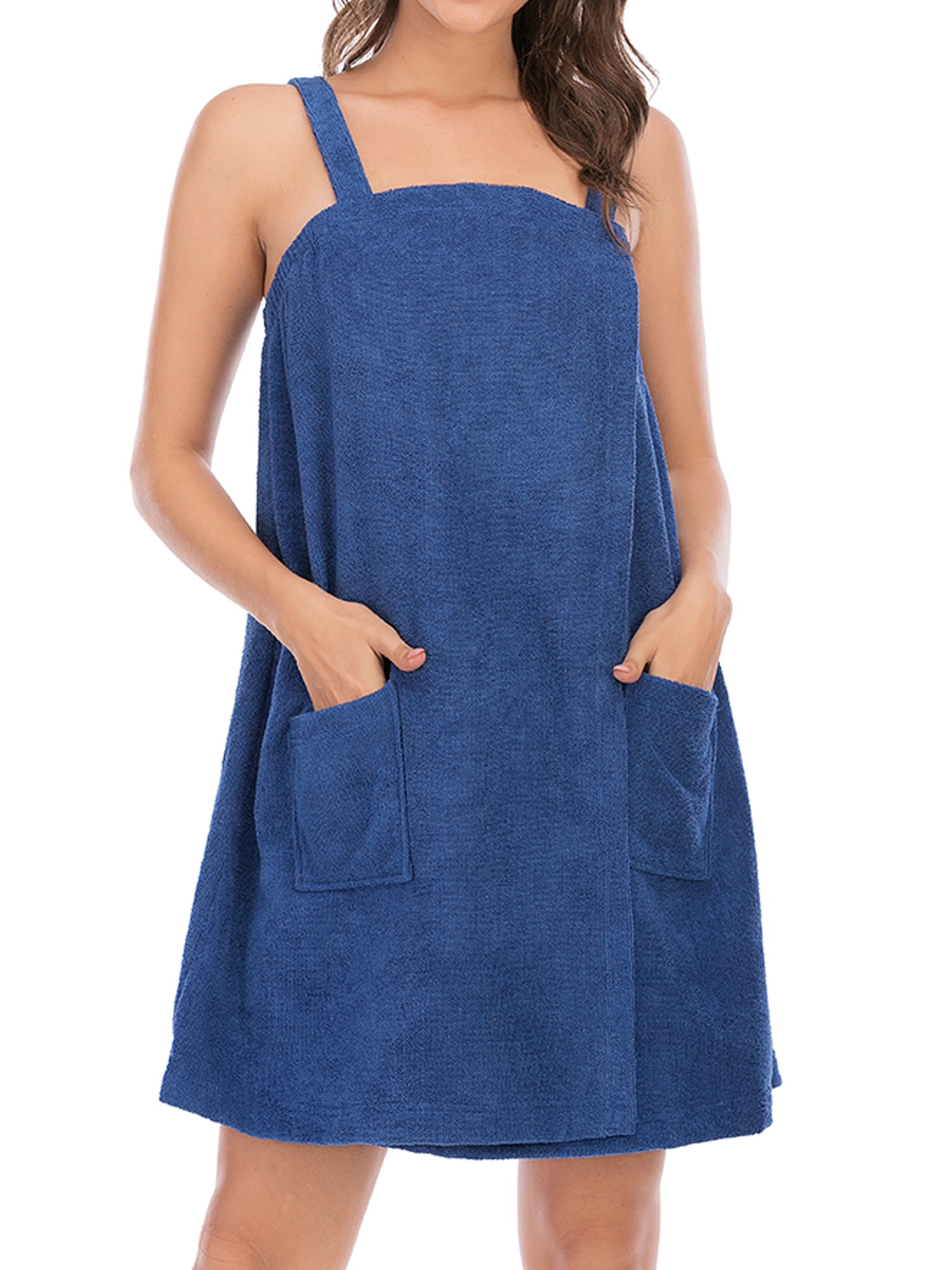 Hanerdun Women Sleeveless Bathrobe Female Square Neck Pocket Robe Blue