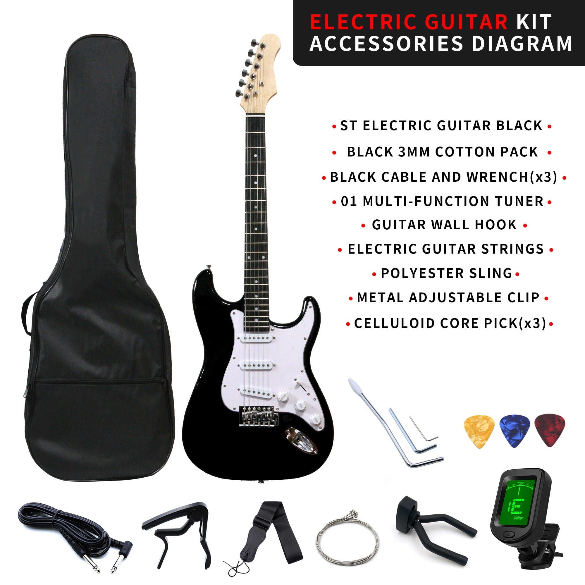 Likegreen Adjustable Bridge Electric Guitars with Bag & Tuner, Black