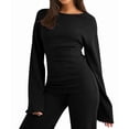 thumbnail image 2 of Women'S Round Neck Flare Sleeve Top and Straight Leg Pants Two Piece Set Casual Loungewear Sporty Black S, 2 of 9