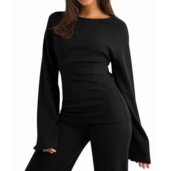 Women'S Round Neck Flare Sleeve Top and Straight Leg Pants Two Piece Set Casual Loungewear Sporty Black L