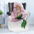thumbnail image 4 of Mermaid Soft Flannel Fleece Throw Blanket, Little Mermaid with Blonde Hair Playing Harp Fairy Tale Romance Art Illustration, Cozy Plush for Indoor and Outdoor Use, 70" x 90", Pink Green, by Ambesonne, 4 of 5