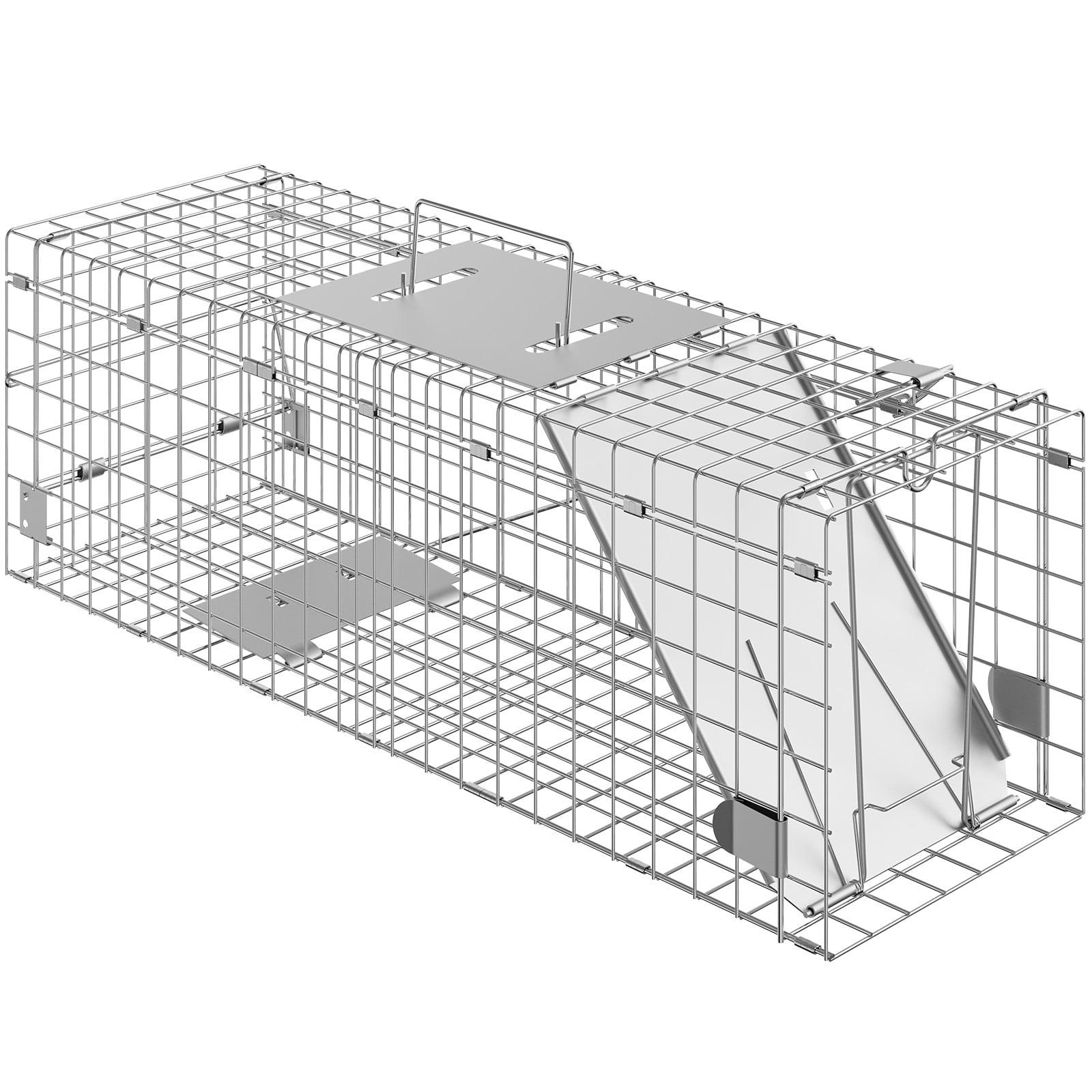 Live Animal Cage Trap, 24" x 8" x 8" Humane Cat Trap Galvanized Iron, Folding Animal Trap with Handle for Rabbits, Stray Cats, Squirrels, Raccoons, Groundhogs and Opossums