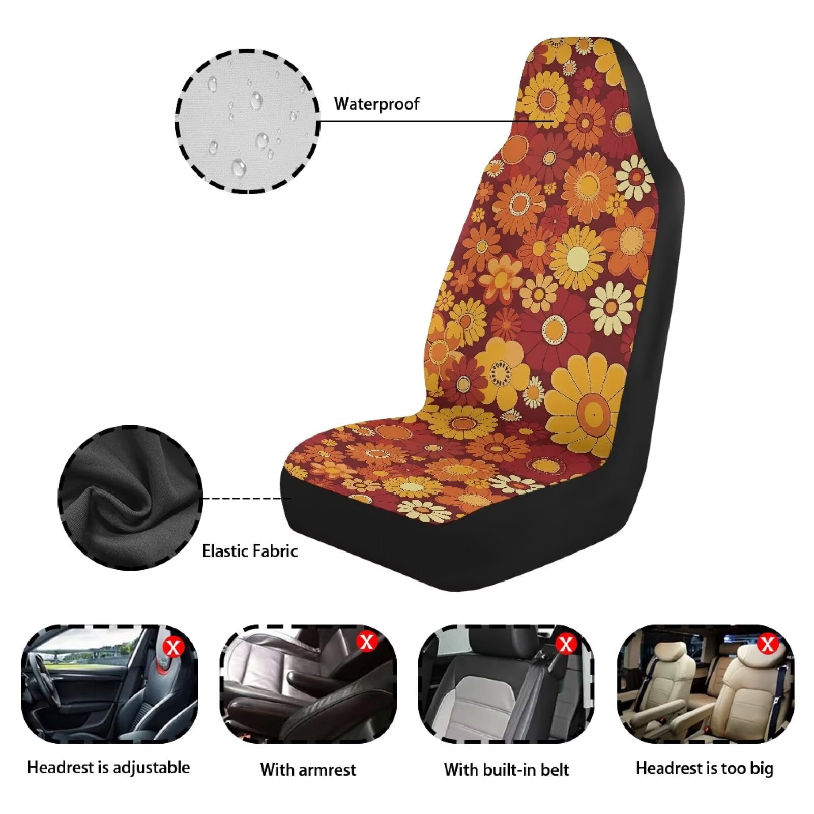 Uorisanigo Car Accessories Car Front Seat Covers Aesthetic Flowers Print Stretch Polyester Fabric Cover Protection Interior Accessories Universal Size Fit for Most Cars SUVs Trucks Vans