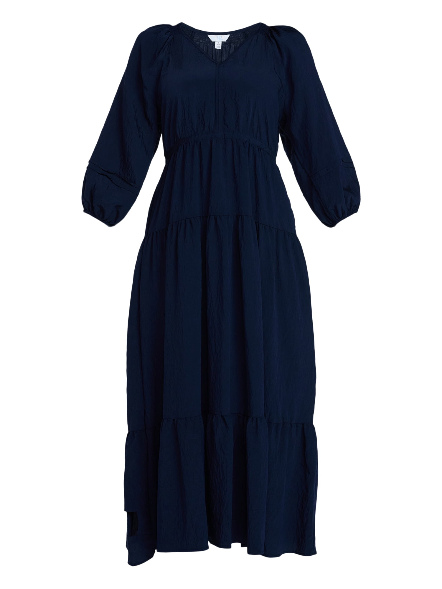 Time and Tru Women's Tiered Maxi Dress with 3/4 Length Sleeves, Sizes XS-XXXL