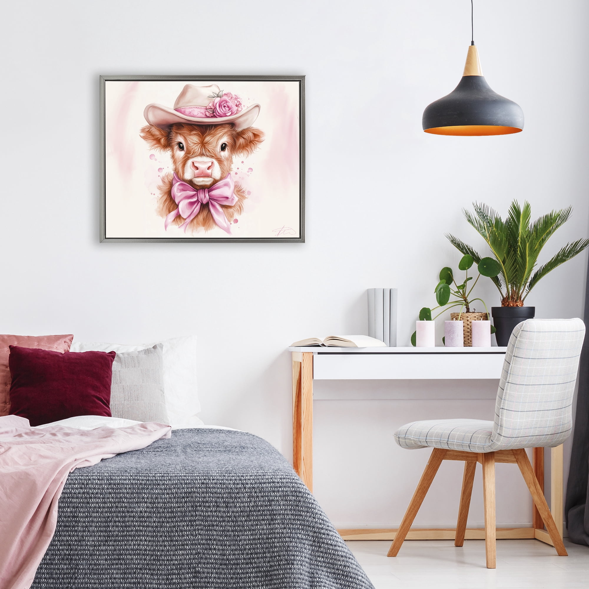 Pretty In Pink Cow Gray Framed Floater Canvas Wall Art, design by Shawna Stewart