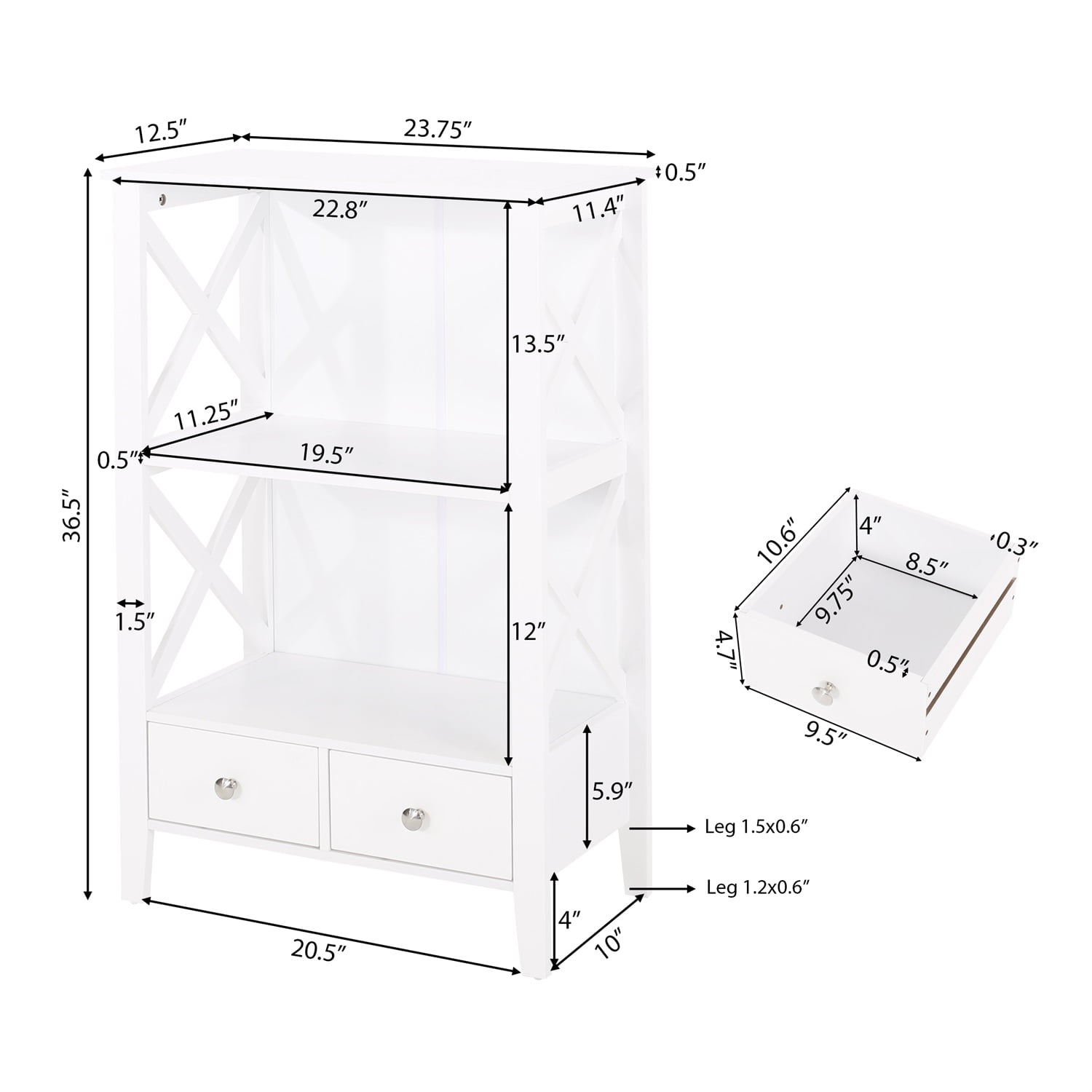 Kadyn Floor Storage Rack, Bathroom Storage Rack with Drawers, Modern Accent Storage Cabinet with Drawers, White