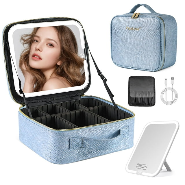 Bolsa de maquillaje portátil PRALENA de viaje con espejo y azul claro