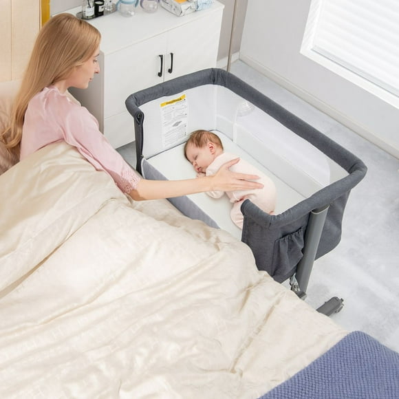 Cuna Infantil 3 en 1 con Colchón 5 Alturas Ajustable Inclinación de 10° Bolsa Lateral Portátil para Bebés Niños 86 x 63 x 81 cm Costway