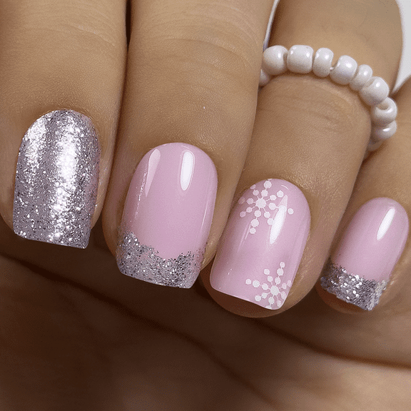 Squoval Pink French Medium Glitter Press On Nails