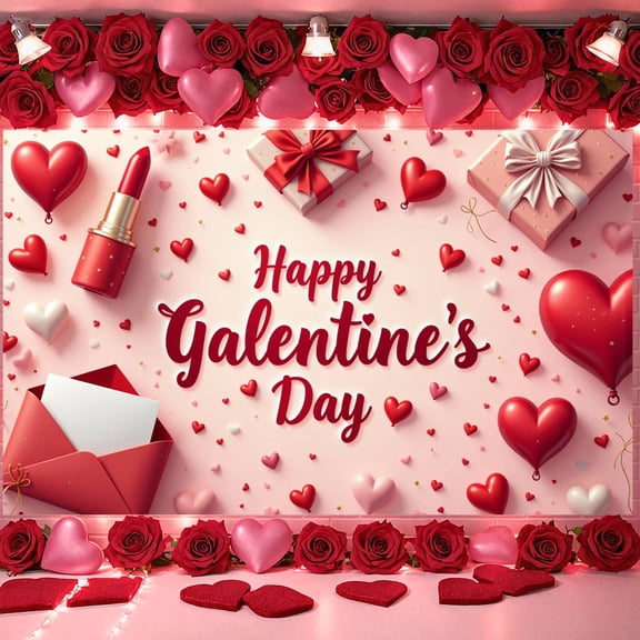 Red & Pink Galentine's Day Banner Heart Pattern Heart Backdrop Lipstick Design Gift Box Decor Romantic Celebration Background for Galentine's Day Party Girls' Night Out Female Friendship Celebration