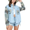 thumbnail image 1 of HSHDLDF Women's Aztec Denim Jacket Distressed Lapel Long Sleeve Vintage Button Down Denim Jacket Shacket, 1 of 7