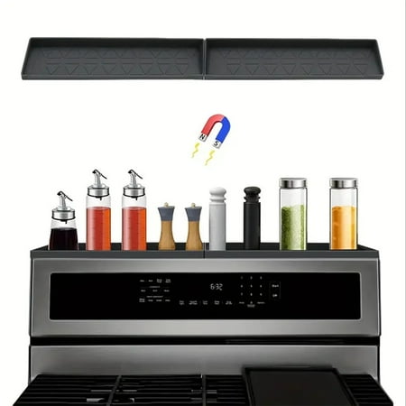 YOYAHATEM Magnetic Stove Top Shelf, 30-Inch Silicone Spice Rack Organizer for Kitchen Storage - Black & Grey
