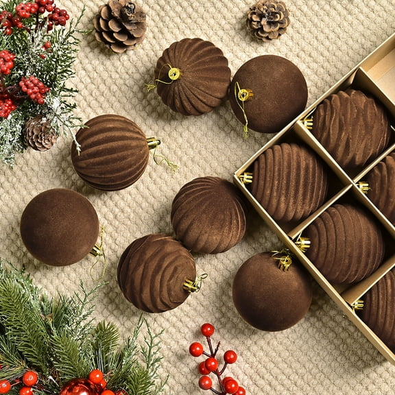 Qonioi 12-Pcs Flocked Christmas Balls, Red Velvet Tree Ornaments Plastic Spheres with Loops, Xmas Hanging Decor Set