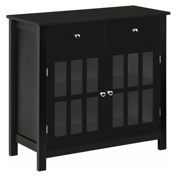 Black Buffet Cabinet with Glass Doors, Kitchen Storage Sideboard, Adjustable Shelf & 2 Drawers