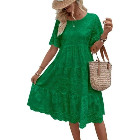 XiaoBanDeng Women s Lace Eyelet Short Sleeve Tiered Midi Long Dress Ruffle Hem Babydoll Short Dress