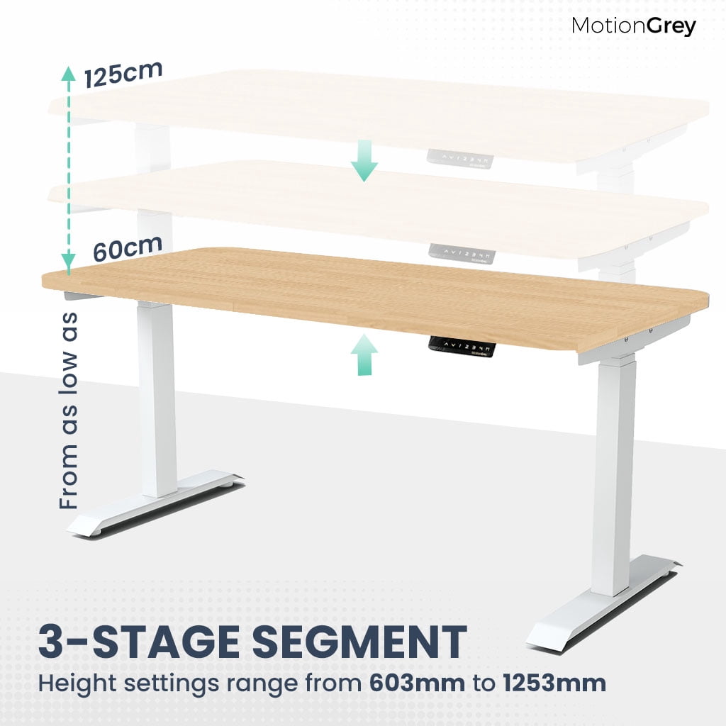 MotionGrey Height Adjustable German Electric Dual Motors Sit to Stand Office Standing Desk - White Frame with Oak Brown Top (165cmx60cmx2.5cm)