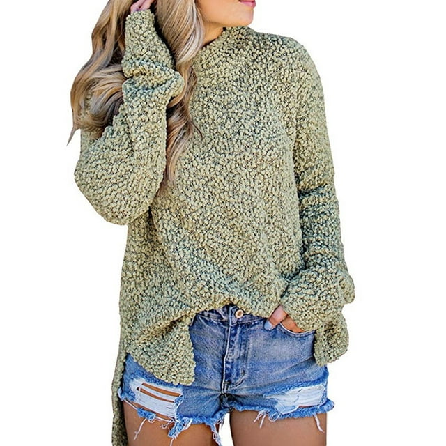 Womens Fuzzy Knitted Sweater Sherpa Fleece Side Slit Full Sleeve Jumper Outwears