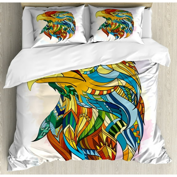 Eagle King Size Duvet Cover Set, Ethnic Inspired Bald Eagle Pattern with Oriental Color Scheme Flying Animal Design, Decorative 3 Piece Bedding Set with 2 Pillow Shams, Multicolor, by Ambesonne