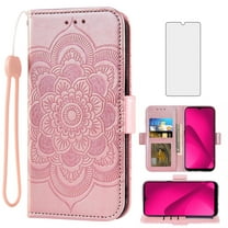 Compatible with T-Mobile Revvl 7 5G Wallet Phone Case and Tempered Glass Screen Protector Flip Credit Card Holder Stand Mandala Flower Cell Cover for Tmobile Revvl7 T Mobile Revel Tmo Women Pink