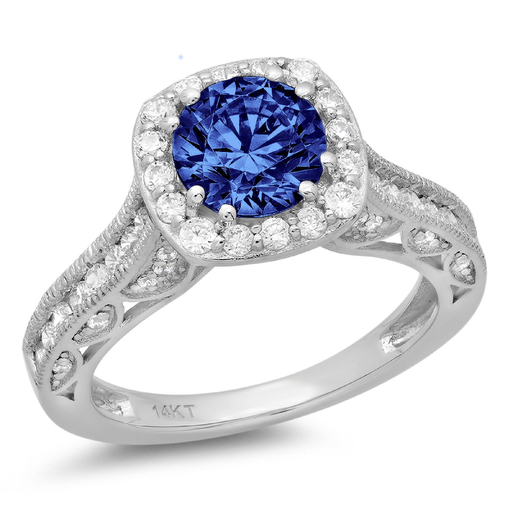 2.25 ct  Round Cut Designer Genuine Flawless VVS1 Blue Simulated Diamond 14K 18K White Gold Solitaire with Accents Ring