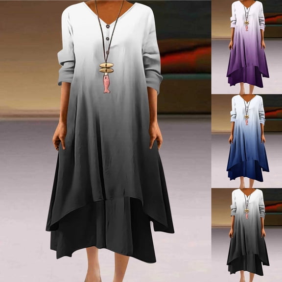 Abtuhar Womens Plus Size Summer Dresses ,Womens Dresses Trendy,Women Casual Loose Printed Irregular Buttoned Hem V-Neck 3/4 Sleeve Dresses