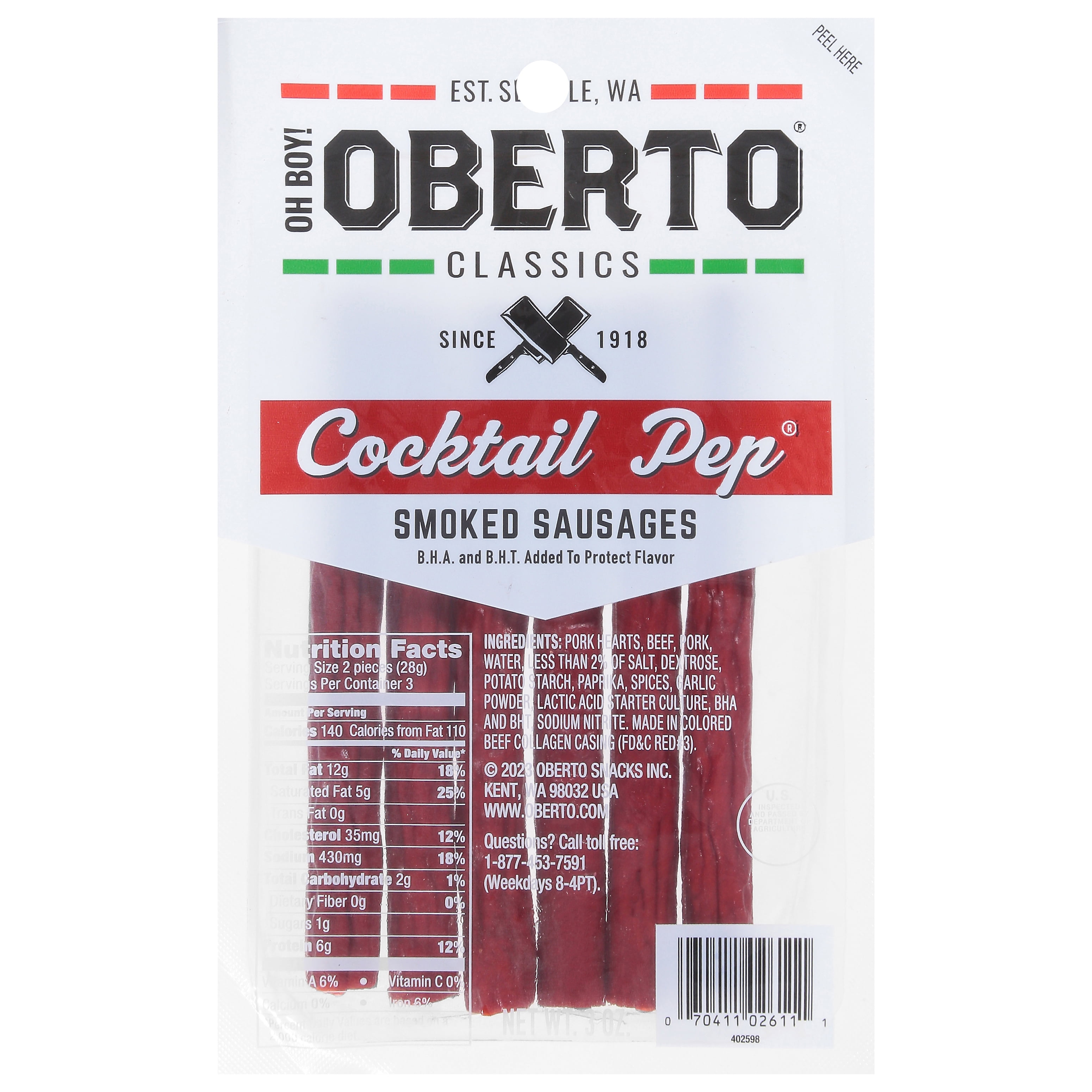 Oh Boy! Oberto Cocktail Pep Smoked Sausage Sticks 3oz Resealable Bag