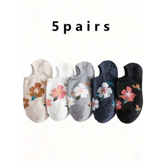 Women Socks, 5-Pair Ankle Socks Pack - Floral No-Show, Breathable & Comfortable Christmas Gifts