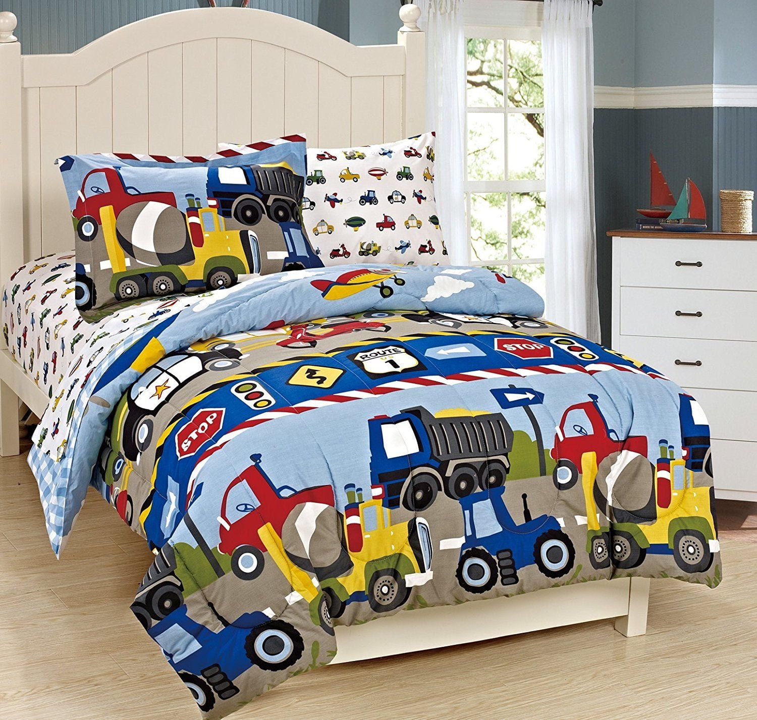 Reversible Twin Size Boy Bedding Set 5pc Kid Toddler Comforter Sheet Truck Car for sale online 