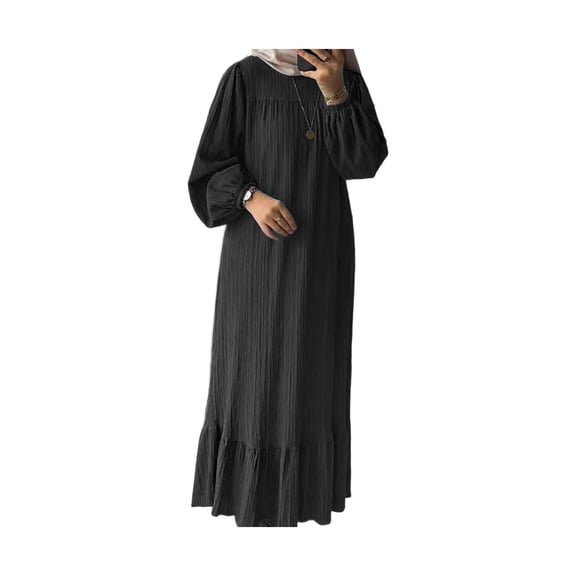 Quixlent Women Dress Round Neck Puff Long Sleeve Loose Fit Maxi Dress with Layered Ruffle Hem Puff Sleeves Holiday Wear