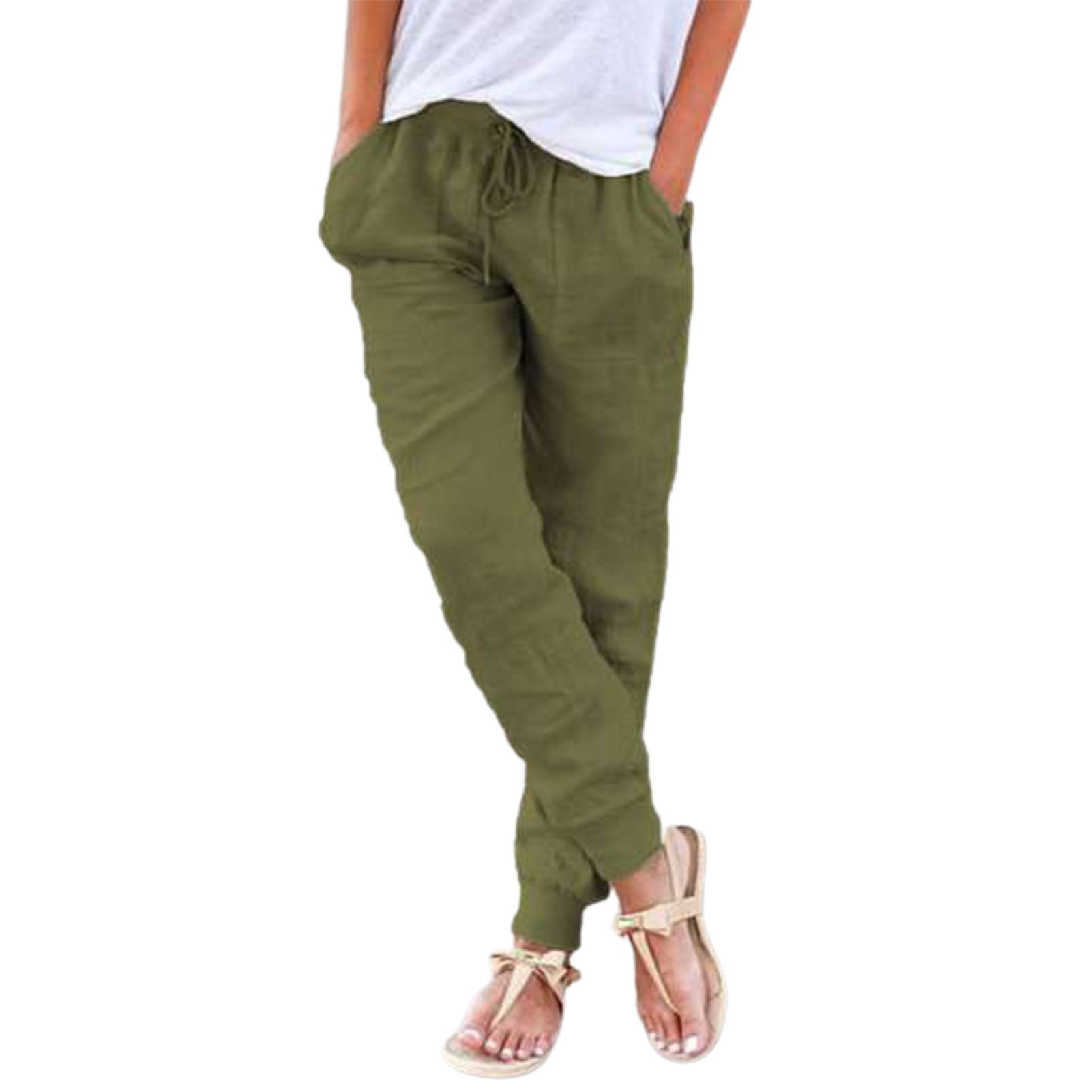 Men's Casual Pencil Pants Classic Fit Elastic Waist Drawstring Solid Color Trousers with Pockets 