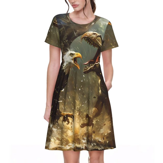 Disketp Dinosaur Bald Eagle para Vestido de Manga Corta para Mujeres, Vestidos de Verano para Mujeres, Casual y Holgado para la Playa