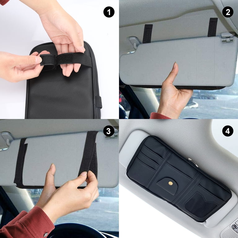 Car Visor Organizer – Leather Storage With Zipper & Multiple Pockets For Sunglasses, Cards, Tickets & More (Black)