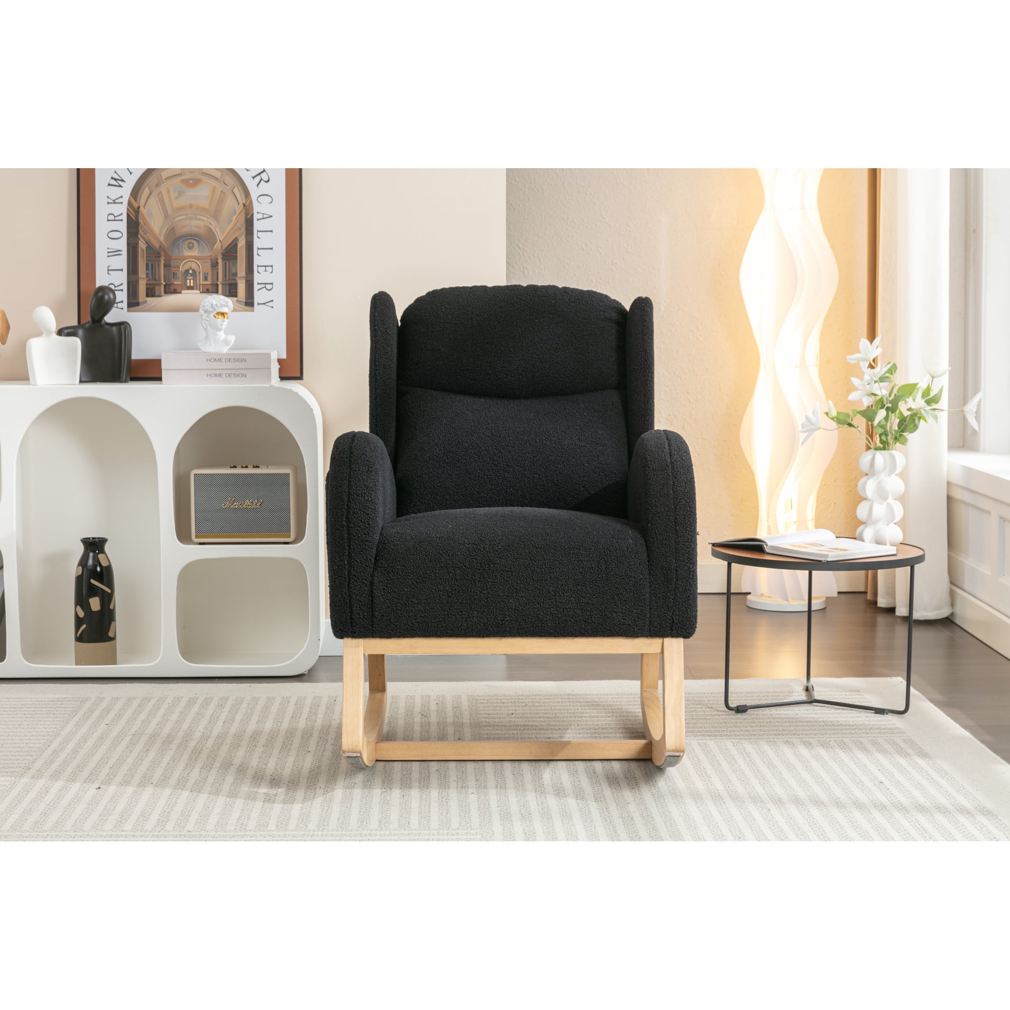 Rocking Chair Nursery,Teddy Fabric Uplostered Rocking Glider Chair with Side Pocket,Modern High Backrest Single Sofa for Living Room, Hotel, Bedroom, Baby Room,Black