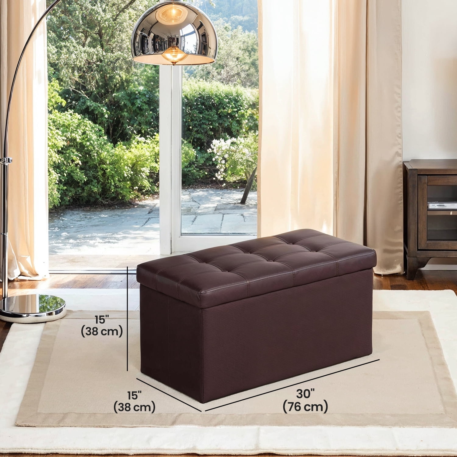 LEDREM Folding Storage Ottoman Bench, 30-Inch Synthetic Leather Seat with 660 lb Load Capacity, Thick Foam Padding, Multi-Use Footrest Chest, Brown