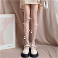 thumbnail image 2 of Byfri Polyester Bow Embroidered Sheer Tights Pink Kawaii High Waist One Size, 2 of 7