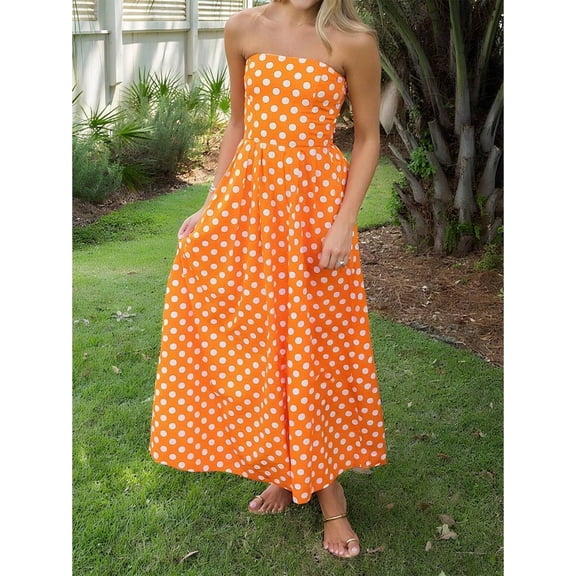 Orange Polka Dot Strapless A-Line Maxi Dress For Women