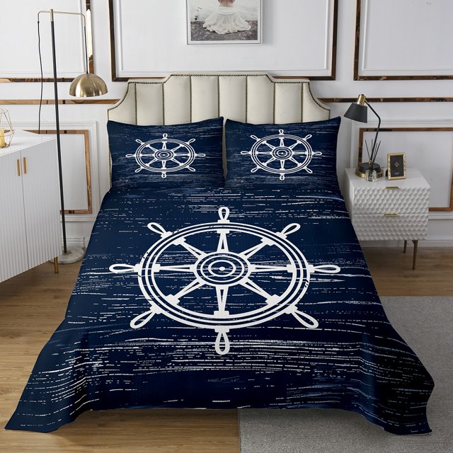 Erosebridal Nautical Rudder Coverlet Set King,Vintage Lodge Bedding Set,Sea Decoration,Ultra Soft,3 Pieces