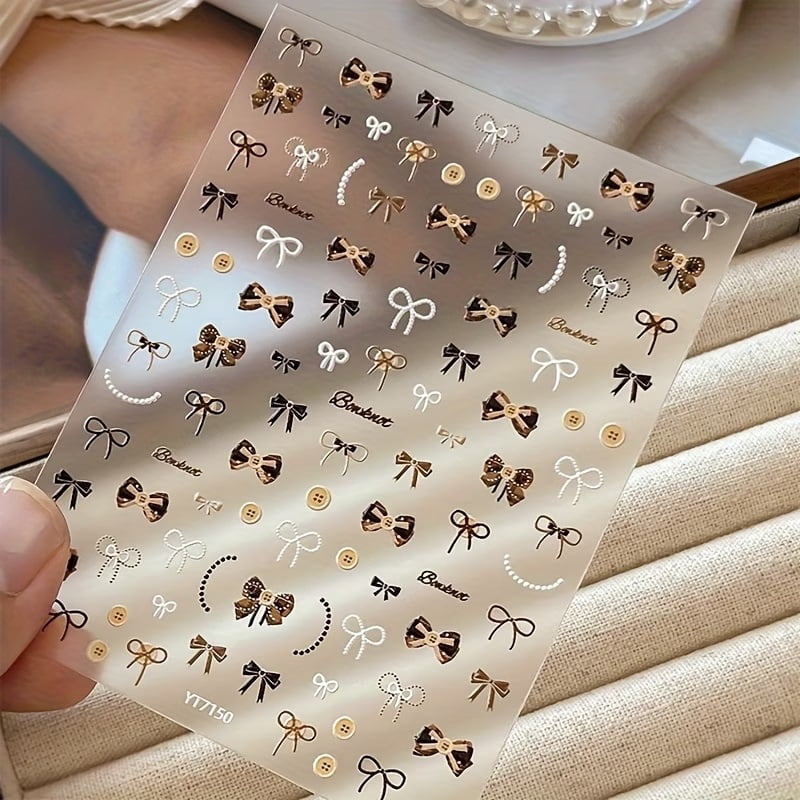 3D Button Bow Nail Stickers - Autumn & Winter Embossed Design with Milad Style Pearl Necklace for Nail Art Decoration