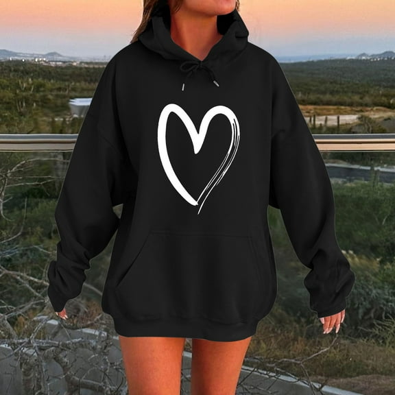 AGWOLF Cute Hoodies for Women Heart Print Oversized Sweatshirts Preppy Long Sleeve Hooded Tops with Pocket Y2K Clothes