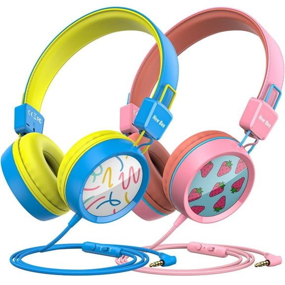 New bee 2PC Kids Headphones with Microphone, HD Stereo, Safe Volume Limit 85dB/94dB, Eco-Friendly, Foldable, Adjustable Headband, 3.5mm Jack for School /PC/Mac/Tablet (Pink&Blue)