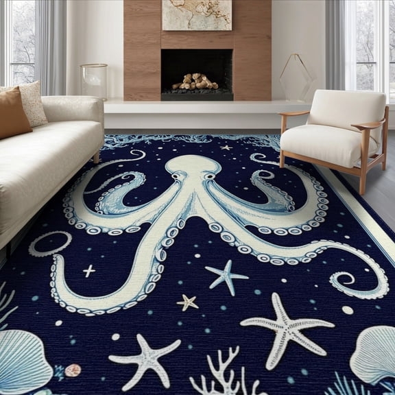 ODIKA 8'x10' Washable Area Rug Non-Slip Chair-Friendly Mat Navy Octopus Animals Nautical Tentacle Vintage Creature Motif for Dining Room, Large Office, Lounge