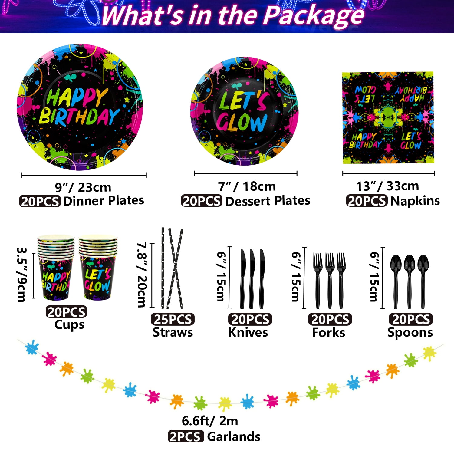 44 Pieces Glow Neon Party Supplies - Neon Balloons, Glow in the Dark LET'S GLOW Backdrop Banner, Garlands, Tablecloth, Plates, Napkins, and Cup for Blacklight Party Decorations, Serve 20 Guests