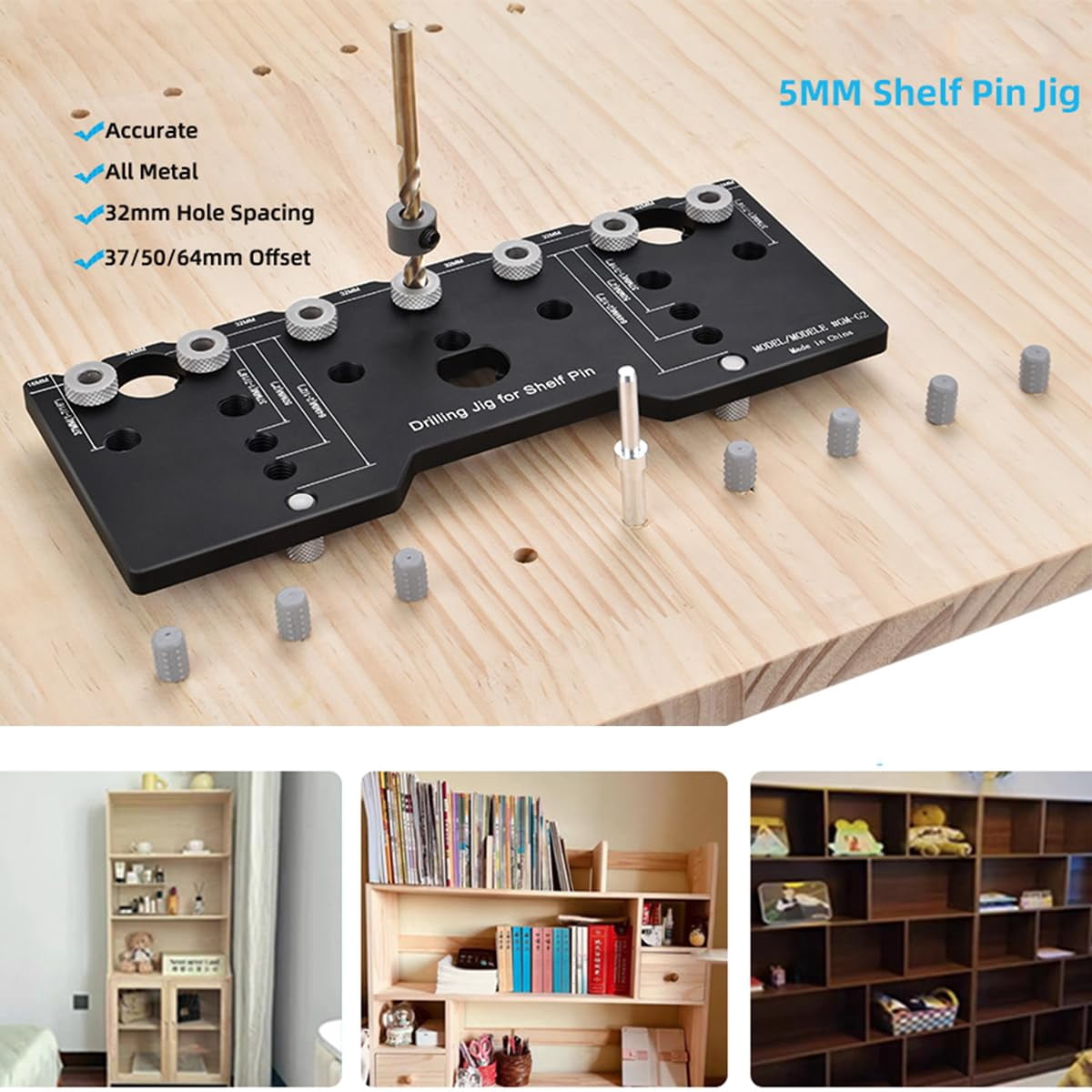 Adjustable Aluminum Alloy Cabinet Hardware Jig Shelf Pin Jig with 2 PCS 5mm Drill Bits Woodworking Pocket Hole Punch Locator Drill Guide