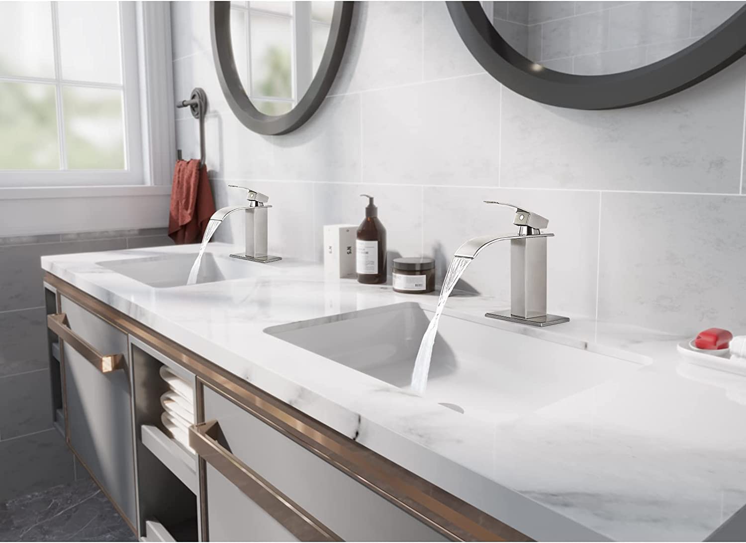 Kede Brushed Nickel Waterfall Bathroom Faucet with Pop-up Drain photo 3