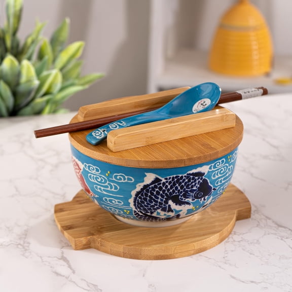 Urban Tokyo Japanese Kamameshi Style Ceramic Glazed Japanese Ramen Udon Pho Noodle Bowl With Spoon, Bamboo Lid, Chopsticks and Trivet 5 Piece Set (Japanese Koi Fish)