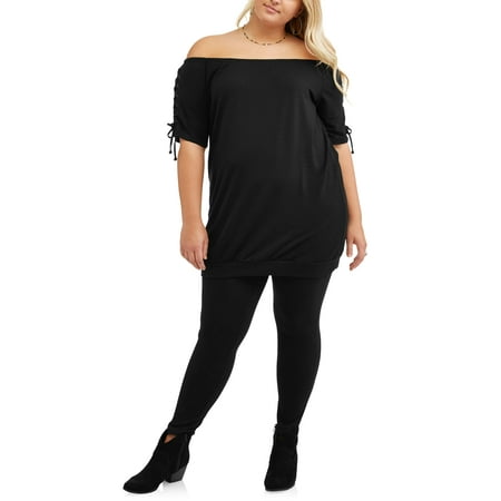 Juniors' Plus Short Sleeve Lace Up Off Shoulder Sweatshirt Dress