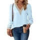 thumbnail image 1 of Jersey de encaje con costura, cuello en V, mangas largas abombadas, Top informal cómodo de gasa para mujer, 1 of 7